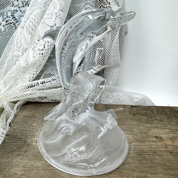 Clear Glass Dolphin Figurine Leaping Over Frosted Waves - Picture 4 of 9
